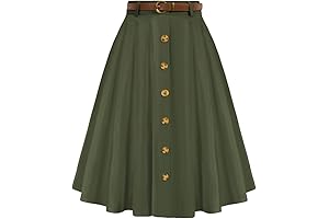 Belle Poque Women's Vintage Stretch High Waist A-Line Flared Midi Skirts with Pockets & Belts