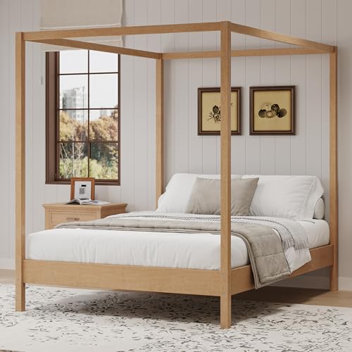 GDFStudio Queen Size Canopy Bed Frame, Four Poster Platform Bed with Slats Support, Solid Pine and...