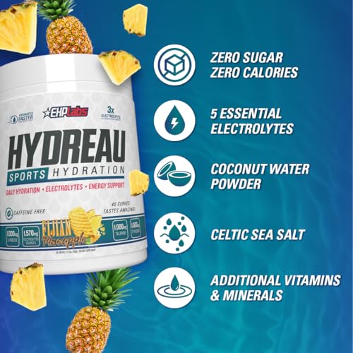 Image of EHP Labs Hydreau Electrolytes Powder No Sugar - Hydration Powder for Endurance & Energy - Electrolyte Powder for Men & Women - Sugar Free Electrolytes - Fijian Pineapple (40 Serves)