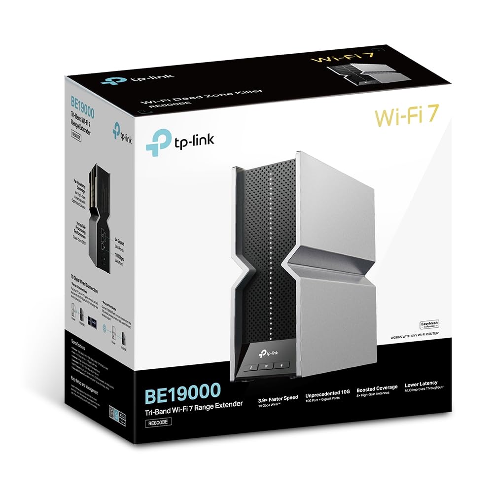 TP-Link RE800BE-Repetidor WiFi 7, BE19000, tribanda hasta 19 Gbps,Plug&Play | Amplificador de Señal WiFi. Puerto Ethernet. Modo Punto de Acceso. Botón WPS para Configuración Fácil. App Tether.