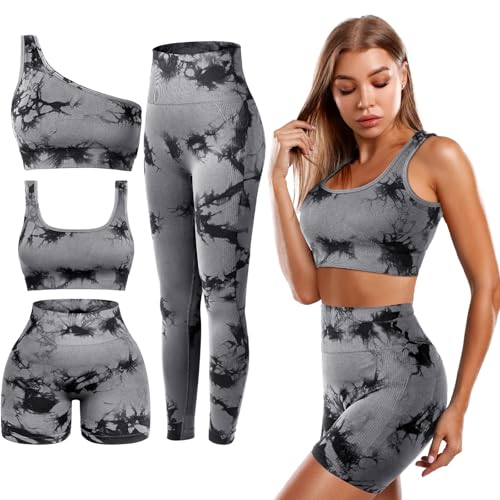 Floraltop Conjunto de 4 piezas de entrenamiento para mujer, conjunto de ejercicio de pilates, cuello redondo, brasier deportivo, pantalones cortos, leggings, ropa de gimnasio, Blanco Tie-dye, S