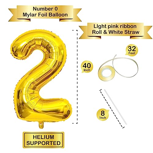Image of 40 Inch Gold Number Balloons, Helium Mylar Foil Number Balloons for Birthday, Number 2 Balloon for 2st Birthday Decorations for Kids, Anniversary Party Decorations Supplies