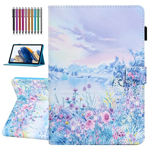 YUNHOTIC Case for Samsung Galaxy Tab A8 10.5 inch 2022 Model (SM-X200/X205/X207), Auto Wake/Sleep, Premium PU Leather Folding Stand Cover with Pen Holder & Multiple Viewing Angles - Flower