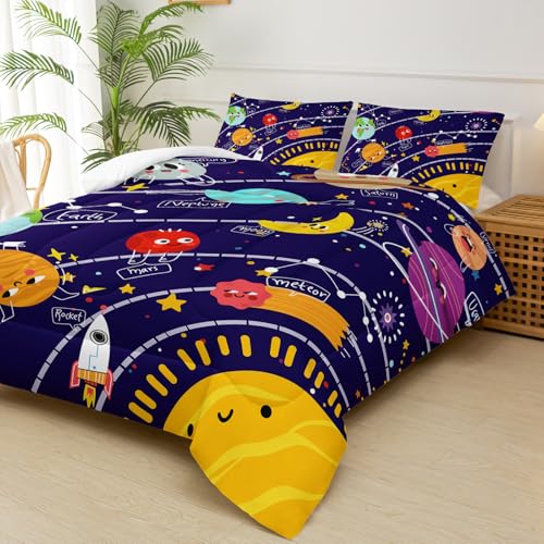 Image of Cartoon Outer Space Theme Comforter Set Queen for Kids,Boys Queen Size Bedding Set Galaxy,Galaxy Quilt Queen Size,with 1 Comforter with 2 Pillow Case