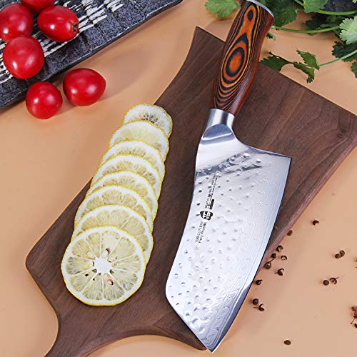 Image of TUO Cutlery Cleaver Knife - Japanese AUS-10 Damascus Steel Hammered Finish - Chinese Chef's Knife for Meat and Vegetable with Ergonomic Pakkawood Handle - 7 inch - Fiery Phoenix Series