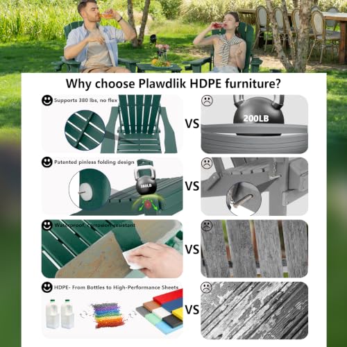 Image of Plawdlik Folding Adirondack Chair Set of 3, Cup Holder, Green | pin-free folding, 38-in tall back, Wood-grain All-weather HDPE; for fire pit, poolside, deck, backyard, patio
