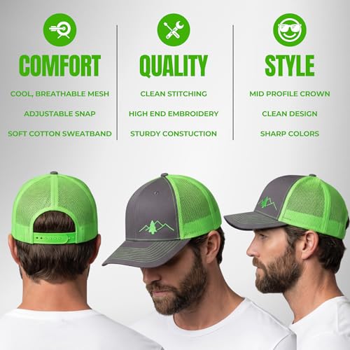Image of LINDO Trucker Hat [ Great Outdoors Design ] for Men and Women: Mid Profile Cap with Breathable Mesh Back and Adjustable Snap