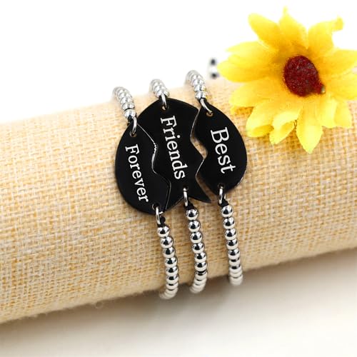 Image of Beaded Bracelet Set | Engraved 3 PCS Puzzle Piece Heart Elegant Delicate Trendy Personalized Family & Best Friends Bracelets | Adjustable Stainless Steel Good Luck Jewelry YA4773