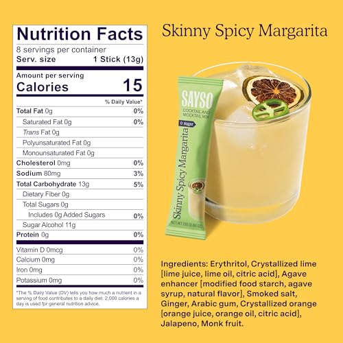 Image of SAYSO Skinny Spicy Margarita Cocktail Sticks | Craft Cocktail or Mocktail in 1 Min, Just Add Water + Spirits (0g Sugar, 15 Calories, Vegan, Gluten-Free, Kosher, Non-GMO), 8 Single-Serve Mixers