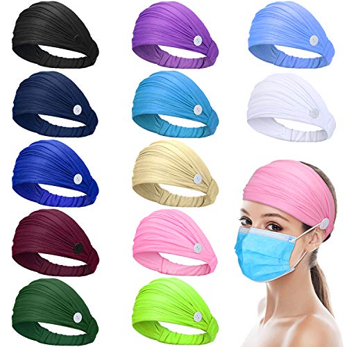 12 Pieces Button Headband Holder Wide Elastic Non Slip Nurse Headbands Multicolored Ear Protection Holder for Men Women Ear Protection