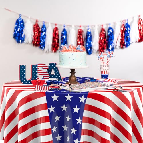 Image of Oudain 4th of July Decoration Tablecloths 84 Inch Plastic 250th Anniversary Patriotic Tablecloth American Flag Red White Blue Disposable Tablecover for Memorial Day Party Supplies(3 Pcs,Stripe)
