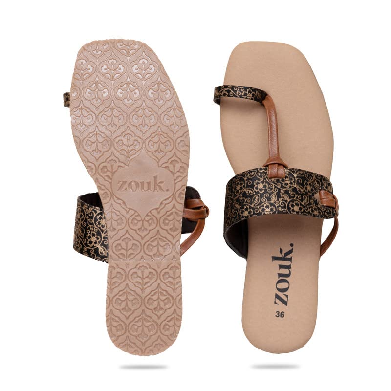Image of ZOUK Womens Charminar Jaali Women's Chappals Black and Golden Flat Sandal