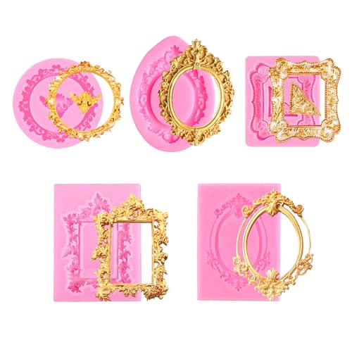 5 Pack Photo Frame Fondant Molds Picture Frames Silicone Mold Vintage Frame Molds Baroque Style Air Dry Clay Molds For Cake Decorating Cupcake Topper Chocolate Candy Polymer Clay Baking Desserts