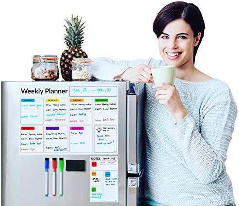 FADS Magnetic Calendar for Refrigerator: Dry Erase Calendar (Monthly, Weekly, Daily schedule Magnetic Calendar) Bonus Whiteboard Organizer with 6 Emoticons, 6 Fine Point Markers and Big Eraser