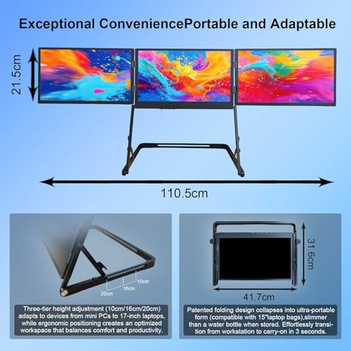 Image of 15.6'' Laptop Screen Extender Portable Triple Monitor | 1920x1080 IPS 3-Screen Foldable Display, Quad Screen View Workstation for 13.6 inch-17 inch Laptops,USB-C & Mini H /D Interface