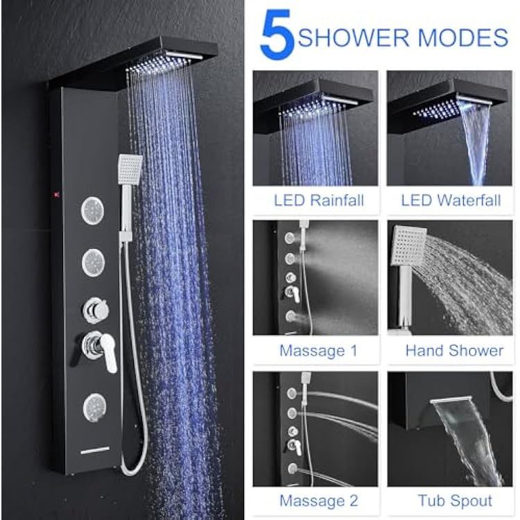 Multi-Function LED Lights Shower Panel System Black, 5 in 1 Shower Panel Include Rainfall & Waterfall Shower Head, 3 Pcs Adjustable Massage Jets, Handheld Shower, Tub Spout