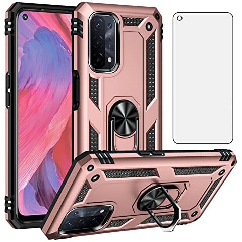 Asuwish Phone Case for OPPO A74 5G/A54 5G with Tempered Glass Screen Protector Stand Ring Holder Hard Magnetic Hybrid Defender Cell Accessories Shockproof Kickstand A93 5G/A93S 5G Women Men Rose Gold Cover