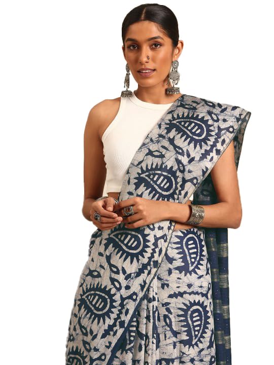 Women's Batik Block Print Navy Blue Colored Soft Mul Mul Cotton Saree with Blouse (4 DESIGNS)