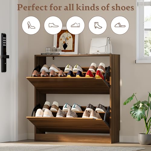 Image of BORNOON Shoe Cabinet with 2 Flip Drawers, Slim Narrow Shoe Storage Cabinet, Freestanding Shoe Organizer with Adjustable & Removable Shelves, Top Display Shelf for Entryway, Hallway, Foyer, Closet