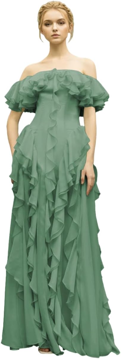 Off The Shoulder Chiffon Prom Dresses for Women 2026 Ruffles A-Line Backless Flowy Formal Evening Party Gowns