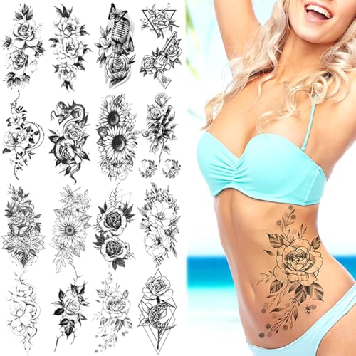 Temporary Tattoo Stickers Sketch Flower Blossom Sexy Tattoo Stickers Waterproof Lasting Fake Tattoos for Girl Women Shoulder Arm Chest Leaf Tatoo Adults Beauty Sheet of 16