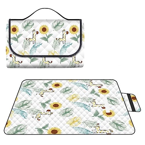 Yoonqun picknickfilt vattentät strandmatta 150 x 100 cm picknickmatta, tvättbar vikbar, med handtag strandfilt för vandring resor utomhuscamping, parker, trädgård, strandfest tecknad hjortblomma