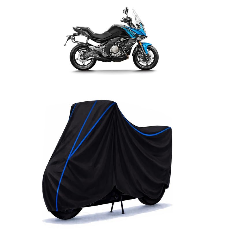 Image of CF Moto 650 MT Bike Cover Water Resistant Universal Motorcycle Rain | Heavy Duty UV Protection, Dust, Scratch Indoor Outdoor All Weather with Black Blue Piping Elastic