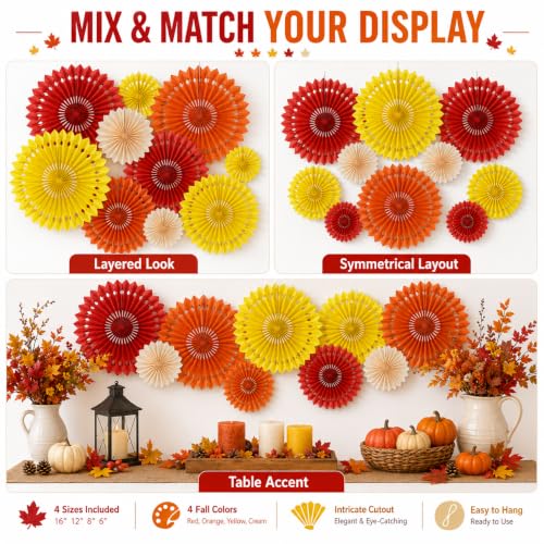 Image of Fall Hanging Honeycomb Round Paper Fans Decoration Autumn Pumpkin Theme Tissue Paper Fan Garland for Shower Birthday Graduation Wedding Party Supplies 11 Count
