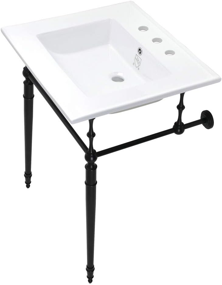 Kingston Brass KVPB25227W8MB Edwardian 25-Inch Console Sink with Brass Legs (8-Inch, 3 Hole), White/Matte Black