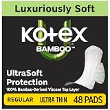 Kotex Bamboo Ultra Thin Pads, Wings, Regular, 48 Count