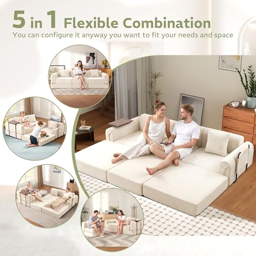 Image of 100 inch Convertible Sofa Bed, 5-in-1 Modular Sectional Cloud Couch with Fixed-Shape Frame & Storage Pocket, No Assembly Required Boneless Sleeper Sofa for Living Room, Chenille Beige