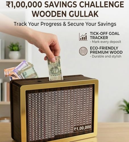 Image of 1 Lakh Savings Challenge Box, Wooden Money Saving Tracker with Goal Chart, Gullak, Brown Square Piggy Bank for Kids and Adults
