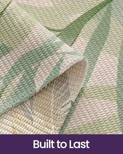 Image of SAGON 2x5 Ft Printed Runner Carpet - Cotton Bedside Rug for Bedroom & Living Room (Green Palm Leaf)