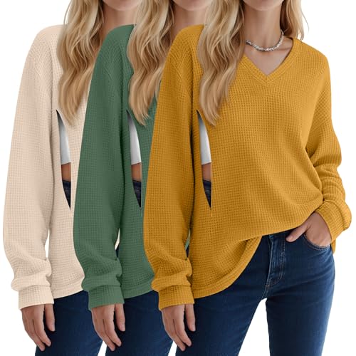 Image of Sweetyweee 3 Pack Women's Oversized Nursing Tops Waffle Knit V Neck Breastfeeding Long Sleeve Shirts Hidden Zipper Sweatshirt