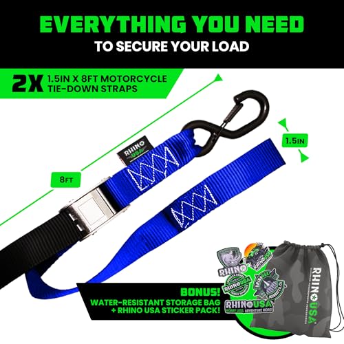 Image of Rhino USA Motorcycle Tie Down Straps (2-Pack) - Cambuckle with Soft Loops | 2,200lb break strength, scratch-free soft loops, steel cambuckle. Easier & faster than a ratchet strap. Blue