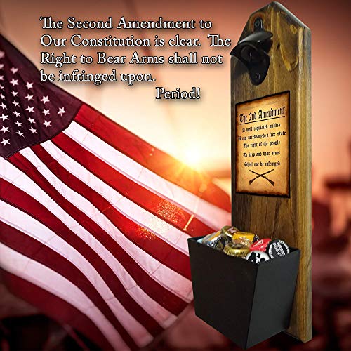 2Nd Amendment 100% Real Wood Bottle Opener And Cap Catcher - Wall Mounted - Handcrafted By A Vet - Made Of 3/4 Thick Solid Pine, Rustic Sign Opener And Bucket - Great Usa Pro Gun, Patriot Unique Gift #TOP1