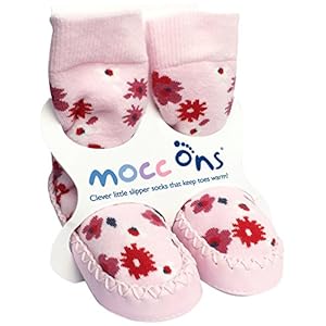 Mocc Ons moccasin washable leather sole slipper socks (12-18 Months, Floral Ditsy)