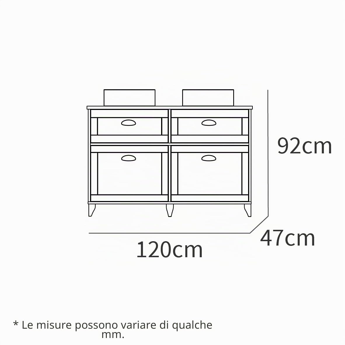 Muebles Pitarch | Mobile da bagno doppio con lavabi in ceramica inclusi, larghezza 120cm, con piedi, cassetti a chiusura lenta, 2 porte, per lavabi da appoggio, Bianco e Rovere ,Vintage