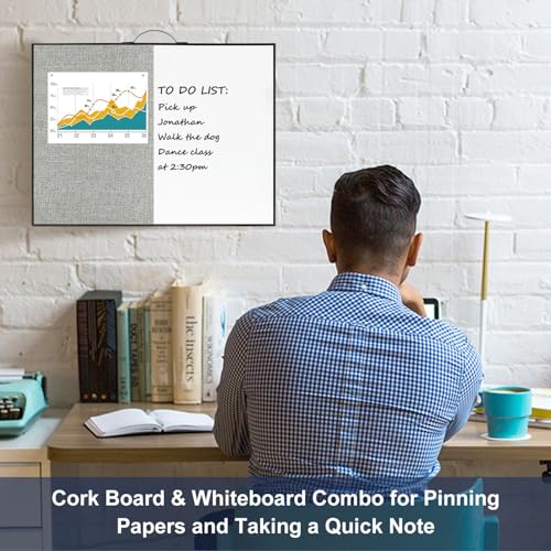 Image of Small White Board Cork-Board Combo - 16 X 12 inches Gray Linen Board & Magnetic Dry Erase Board for Wall, Mini Bulletin Cork Board with Holder for Office, Home and School