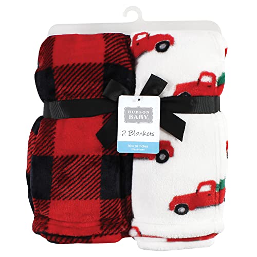 Image of Hudson Baby Unisex Baby Silky Plush and Coral Fleece Blanket, Christmas Tree Truck, 30x36 inches
