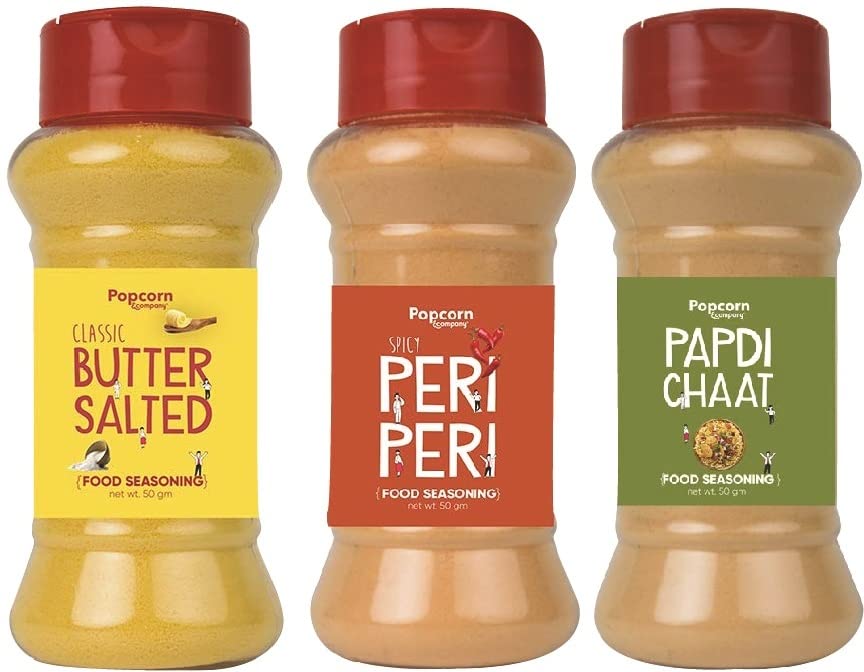 Image of Classic Butter Salted, Peri Peri, Papdi Chaat Instant Seasoning Mix Combo Pack of 3 - Unique Blend of Spices and Herbs for carbs - 200gm By Popcorn & Company