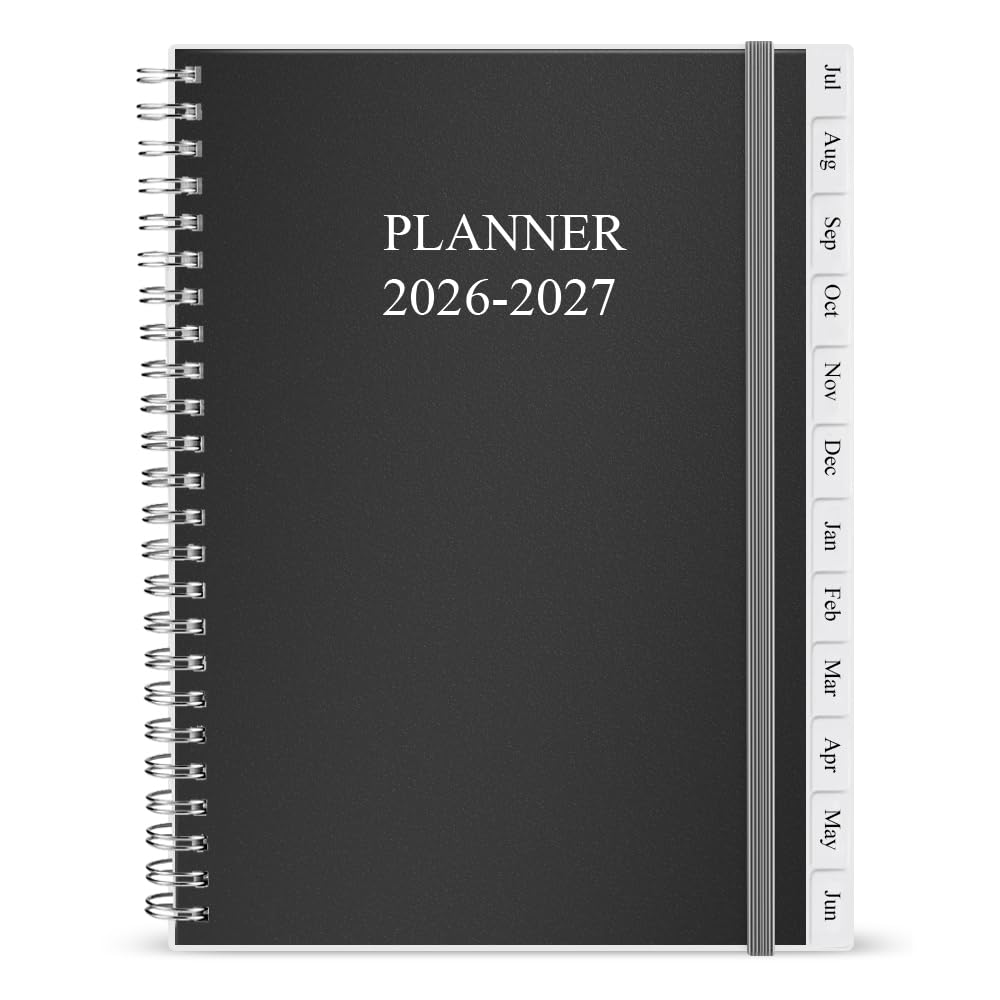 2026-2027 Diary/Planner, July 2026 - June 2027, A5 Weekly Monthly Planner with 12 Monthly Tabs, Back Pocket, Planner 2026-2027 with Elastic Closure, Flexible Cover, 14.8×21cm, Black