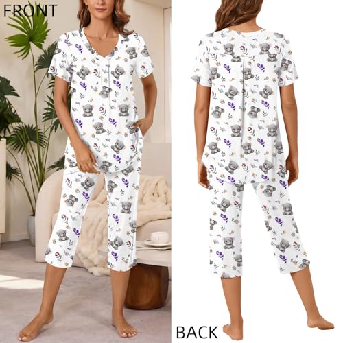 Image of Bestbee Women's Pajama Sets 2 Piece Lounge Outfits Summer Sleepwear V Neck Short Sleeve Capri Pant With Pockets Ladies Pjs