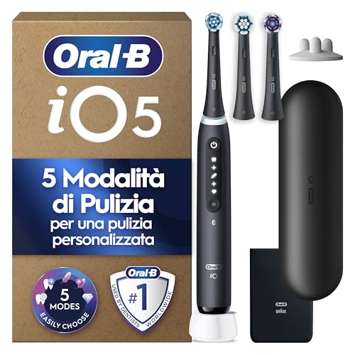 Oral-B Spazzolino Elettrico Ricaricabile iO 5N, Sensore di Pressione, Intelligenza Artificiale, 3 Testine di Ricambio, 1 Spazzolino Elettrico Oral B, Custodia da Viaggio, Nero, Idea Regalo