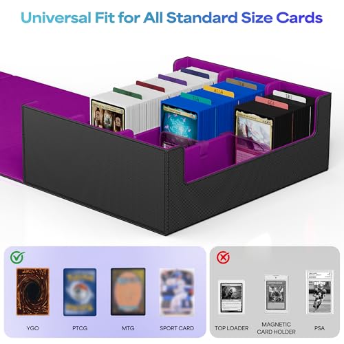 Image of UAONO Trading Card Storage Box, Holds 1800 Sleeved Cards with 10 Dividers & 3 Stoppers, Magnetic Closure PU Leather Card Case for MTG, PTCG, YGO, Sports Cards (Black&Purple)