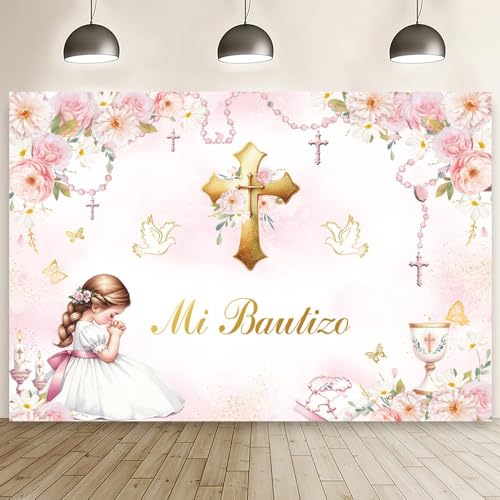 Bâche décorative baptême Mi Bautizo avec grands motifs fleurs roses