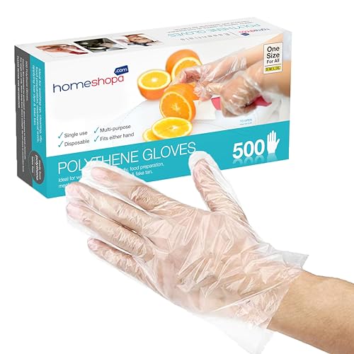 HOMESHOPA Disposable Plastic Food Prep Gloves, Food Safe, 500 Pack Clear Waterproof Polythene Gloves for Kitchen Cooking Cleaning Safety Food Handling Hair Dye, One Size Fits Most