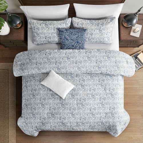 Image of Modern Threads 5-Piece Printed Comforter Set Freya - Blue & Beige Paisley Bedding with Decorative Pillows & Shams, Soft All Season Bed Set, Queen