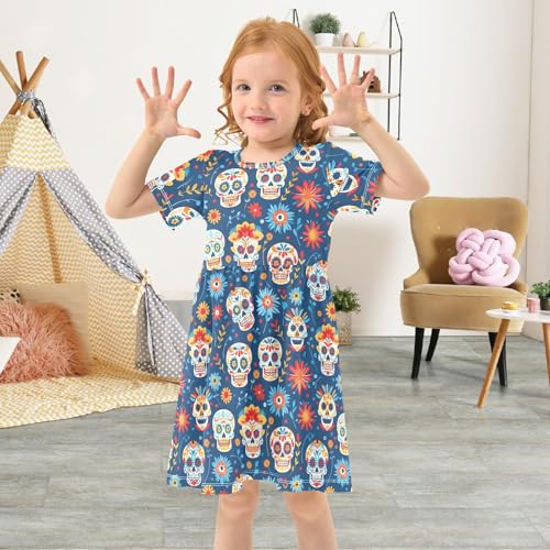 ALAZA Mexican Day of The Dead Sugar Skull Blossom Girls Dress Short Sleeve Toddler Casual Dresses Summer Sundress 2-8T4