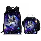 HUGS IDEA Galaxy Wolf Animal Backpack Kids Boy School Bag with Thermal Lunch Box Set